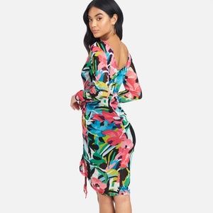 NWT bebe Long Sleeve Mesh Ruched Dress Floral XL